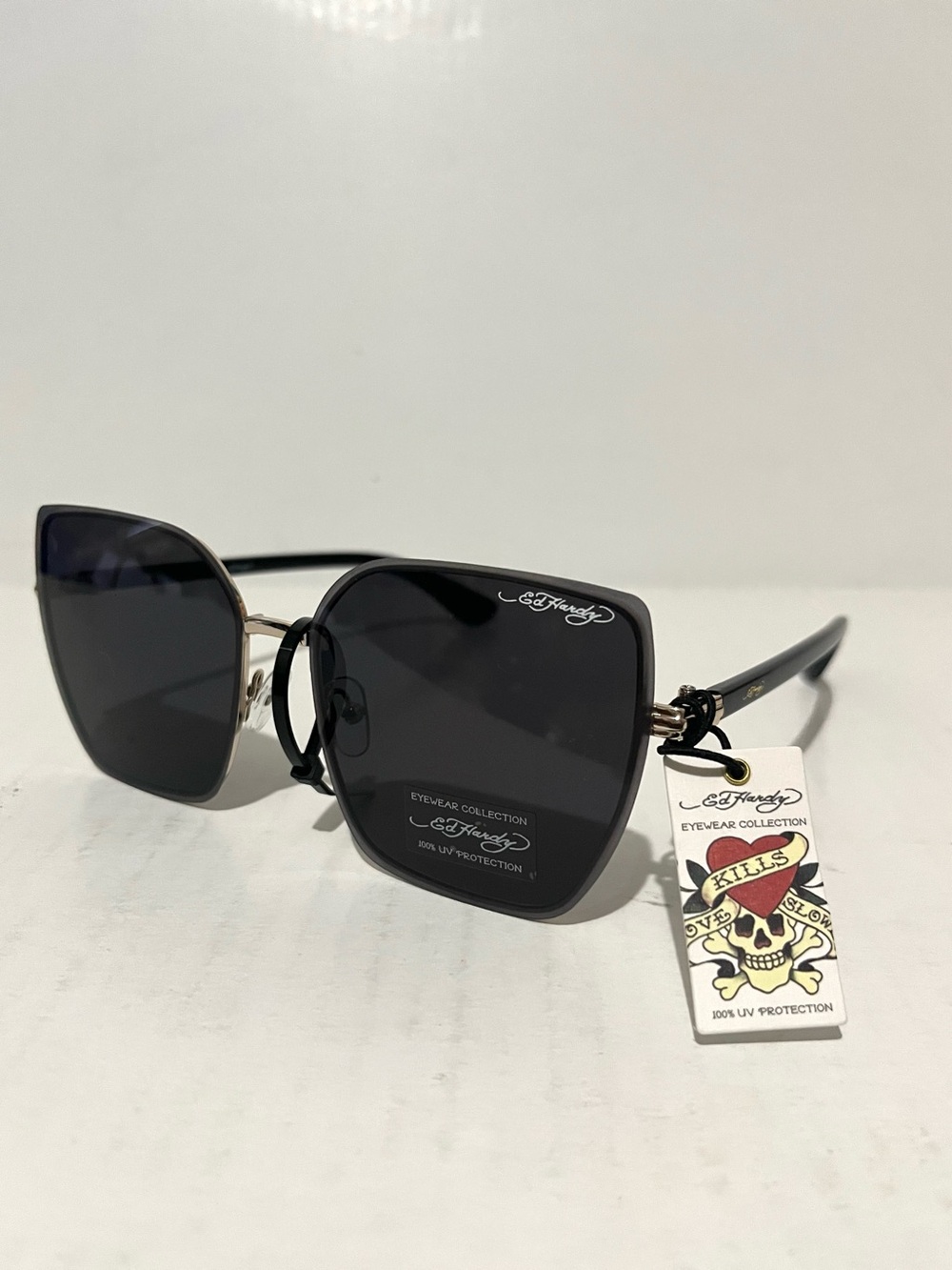 Ed Hardy Women’s Black Square Sunglasses with Dark Lenses